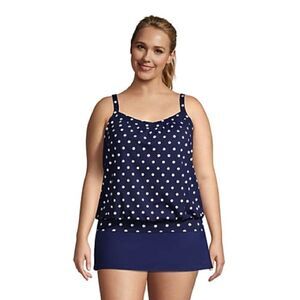 Land’s End Plus Regular size blouson tankini top navy white polka dot Various
